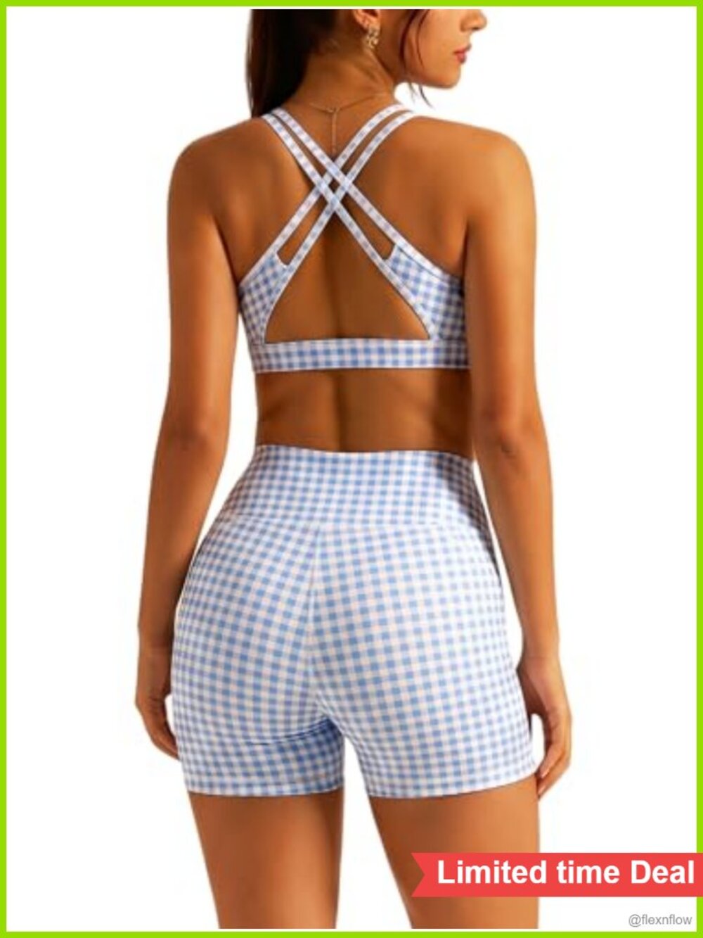 Two Piece Workout Set Gingham Print Sports Bra High Waist Shorts